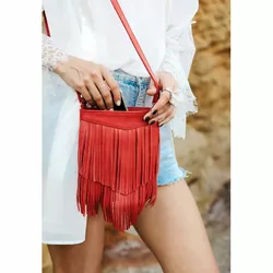 Кожаная женская сумка с бахромой мини-кроссбоди Fleco красная