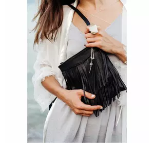 Кожаная женская сумка с бахромой мини-кроссбоди Fleco черная