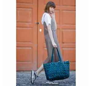 Кожаная плетеная женская сумка Пазл Xl зеленая Krast