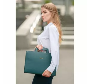 Женская кожаная сумка для ноутбука и документов зеленая