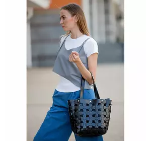 Кожаная плетеная женская сумка Пазл L угольно-черная